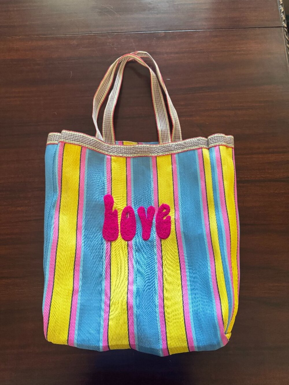 Natura Barcelona Colorful Striped Tote Bag Love Appliqué Beach Market Shopper